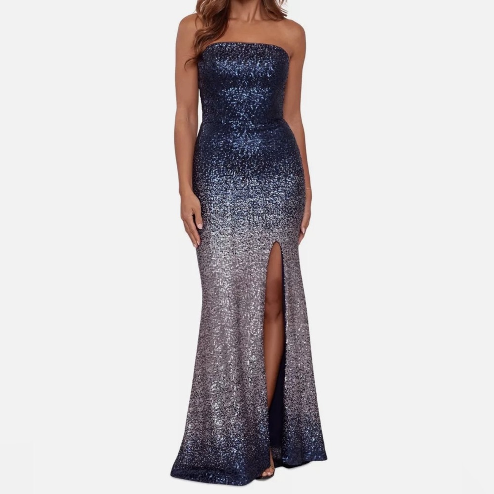 Betsy & Adam Sequined Ombre Navy Blue/Champagne strapless evening gown size 6